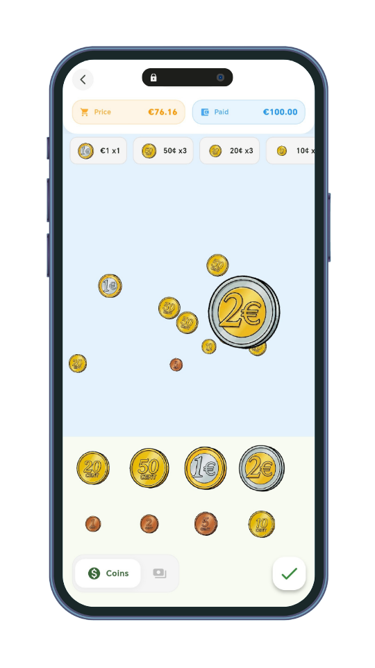 Gameplay screen showing Euro coin change-making with price €76.16 and paid €100