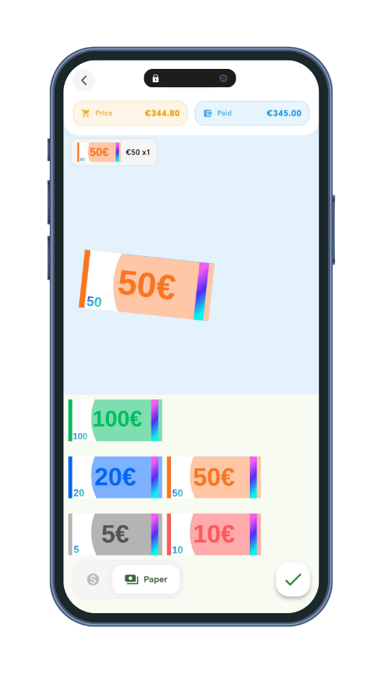 Gameplay screen showing Euro bill change-making with price €344.80 and paid €345