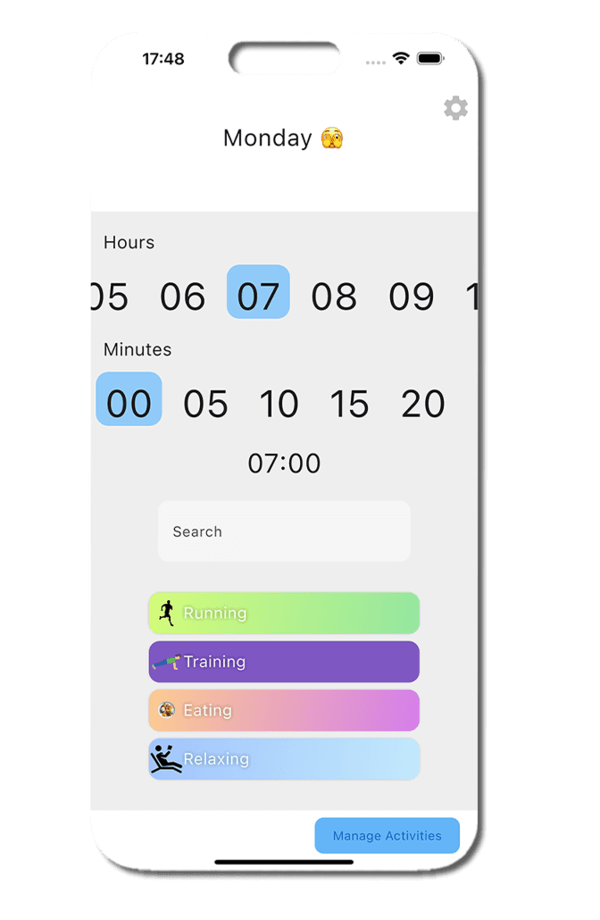 Screen while adding activities to the day of the week on daily app