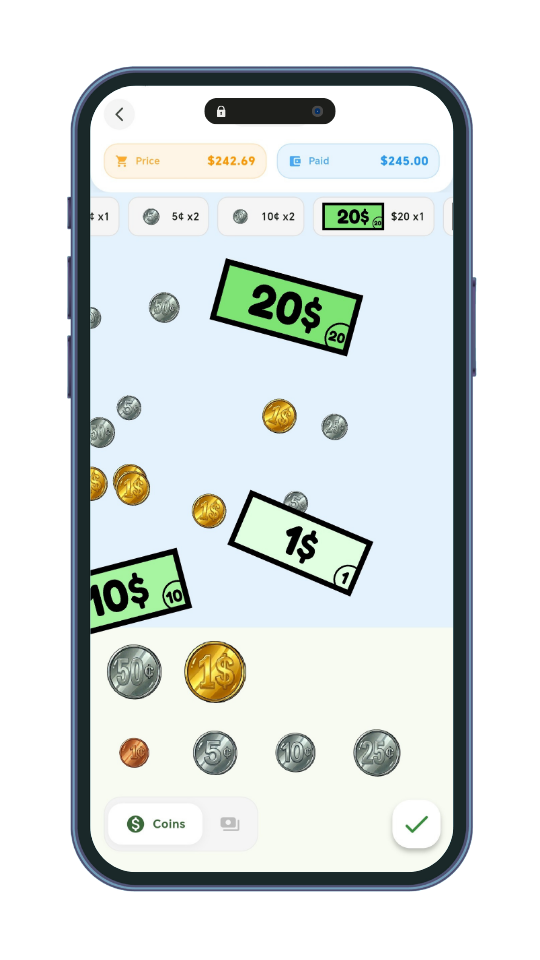 Gameplay screen showing US Dollar change-making with price $242.69 and paid $245