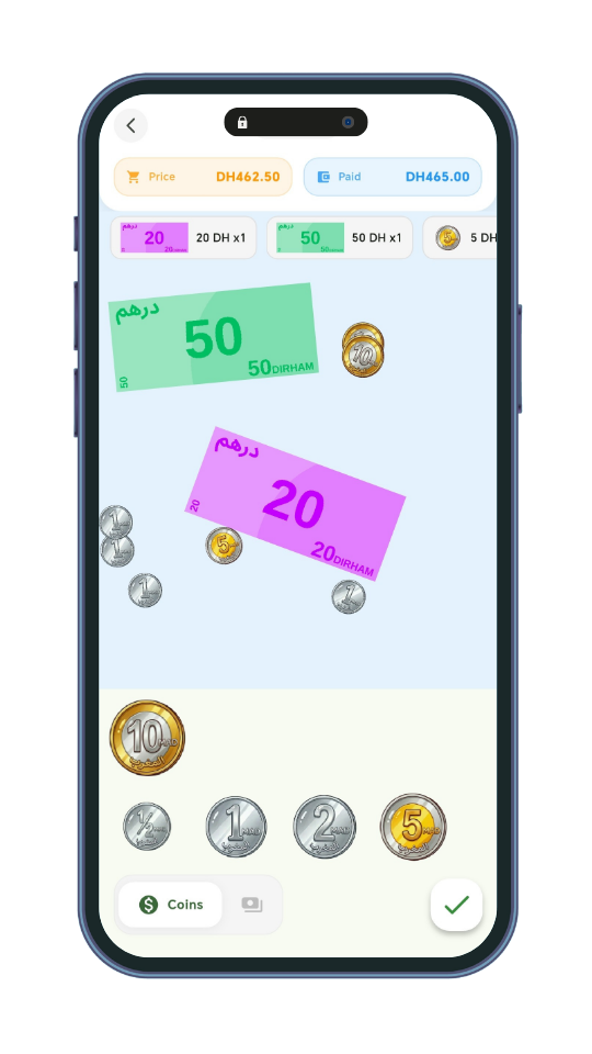 Gameplay screen showing Moroccan Dirham change-making with price DH462.50 and paid DH465