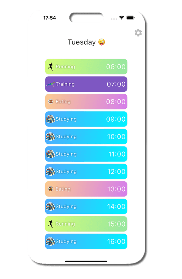 Screen showing the daily app with the activities added for the day