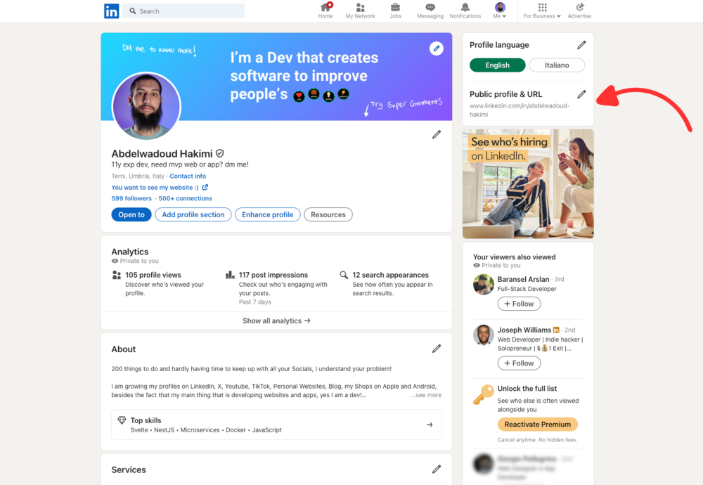 您的 LinkedIn 个人资料页面（非公开），箭头指向右侧的"公共个人资料和 URL"