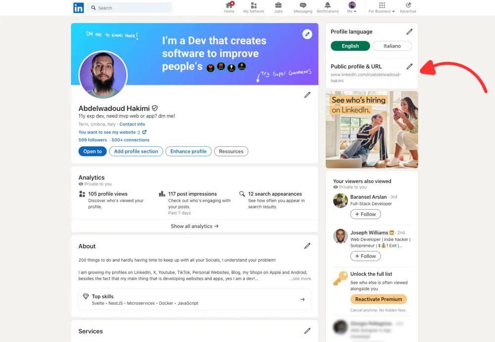 Your LinkedIn Profile page (not public), arrow pointing to the right to "Public profile &#x26; URL"