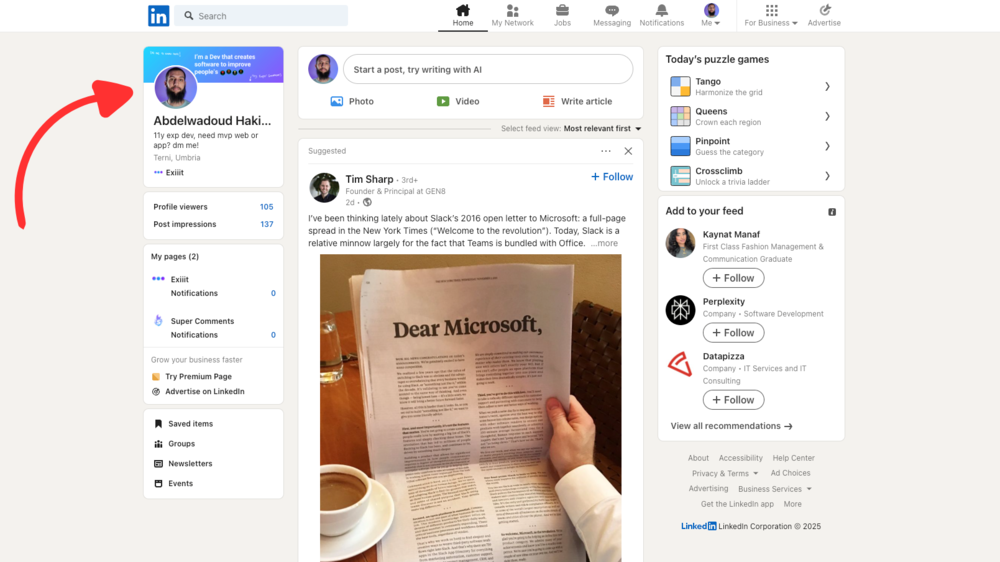 点击 LinkedIn 仪表板上的用户个人资料