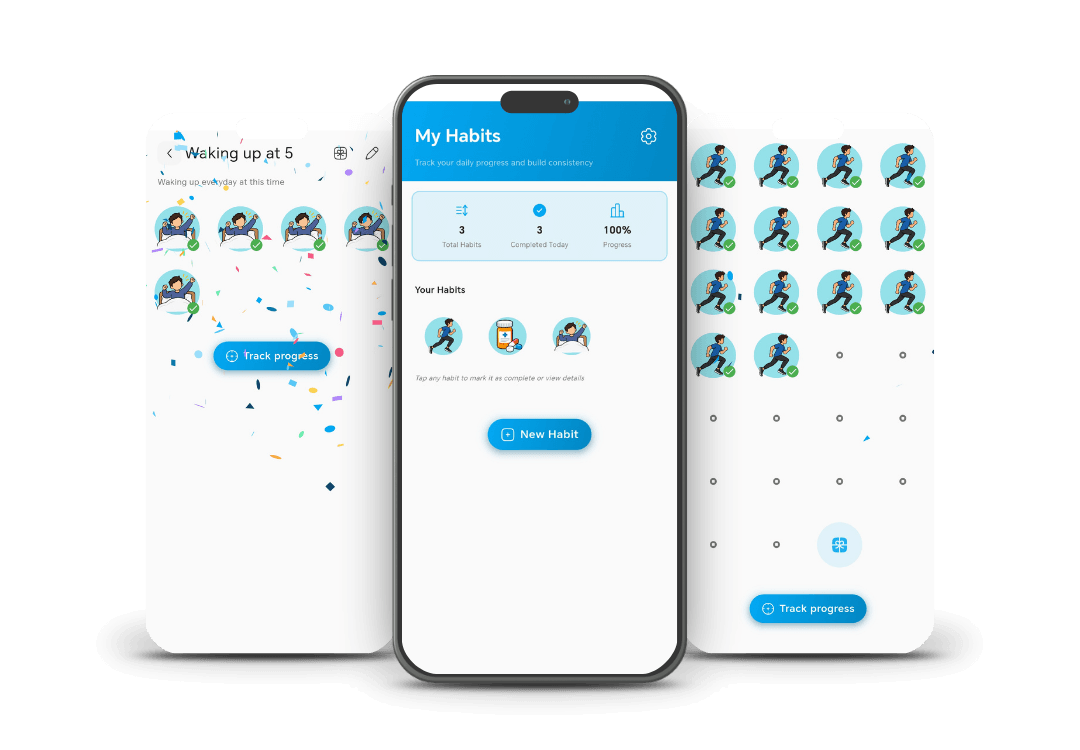 Habits Yes screens showing when you track and win a Habit with confetti, at the center the main screen with all your habits, at the right another screen with overview with the Habit details page, showing all the habits won